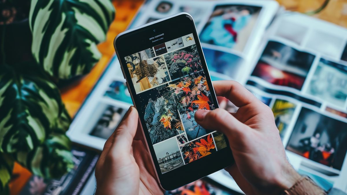 Person using mobile phone photo gallery reviewing and deleting unwanted photos from camera roll
